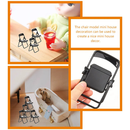 10Pcs Black Mini Folding Chair Phone Stand Miniature Furniture Educational Supplies Micro Decor Tiny Prop Cellphone Holder Mini