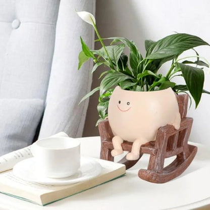 Cute Smiley Face Planter Pots Rocking Chair Resin Planter Pots for Indoor Outdoor Plants with Drainage Hole Unique Gift IdeaI