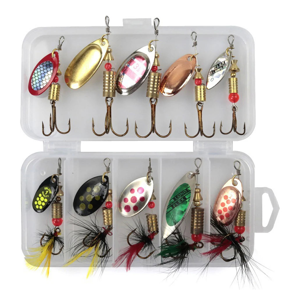10pcs Fishing Lure Spinnerbait Rooster Tail Fishing Lures Bass Trout Salmon Hard Metal Spinner Baits Kit with Tackle Boxes