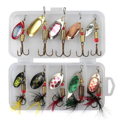 10pcs Fishing Lure Spinnerbait Rooster Tail Fishing Lures Bass Trout Salmon Hard Metal Spinner Baits Kit with Tackle Boxes