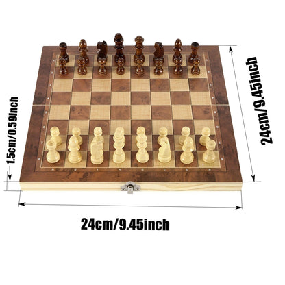 New 3 in 1 Portable Wooden Chess Set - Folding Travel International Chess, Checkers, Backgammon Board Game with Storage Case