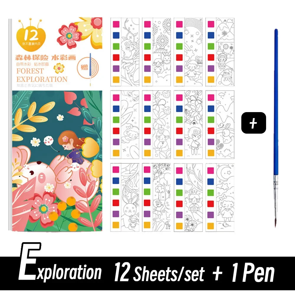 12 Sheets/Set Portable Watercolor Painting Book - Kids Coloring Book with Paint Brush, Graffiti Picture Drawing Stationery