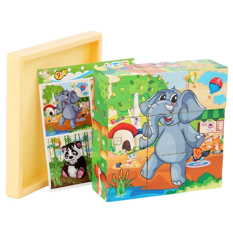 3D cube Wooden puzzle children's nine pieces six-sided wooden block tray children's Montessori learning educational puzzle toys