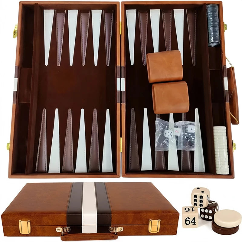 38cm Backgammon Set Classic Folding Board with Leather Case, Portable Travel Game, Ideal Gift Package for Strategy Lovers