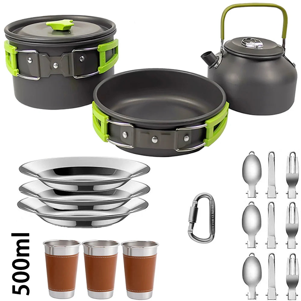 1Set Camping Cooking set Camping Cookware Travel Tableware Outdoor Picnic Set Teapot For 2-3 Peaple Non-stick pots assorted sets