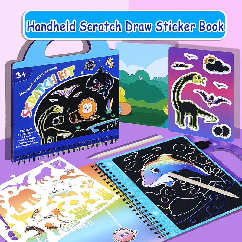 Kid Scratch Art Play Set Colouring Book DIY Drawing Stencils Sticker Creative Craft Toy Kindergarten Activtiy Education Toy Gift