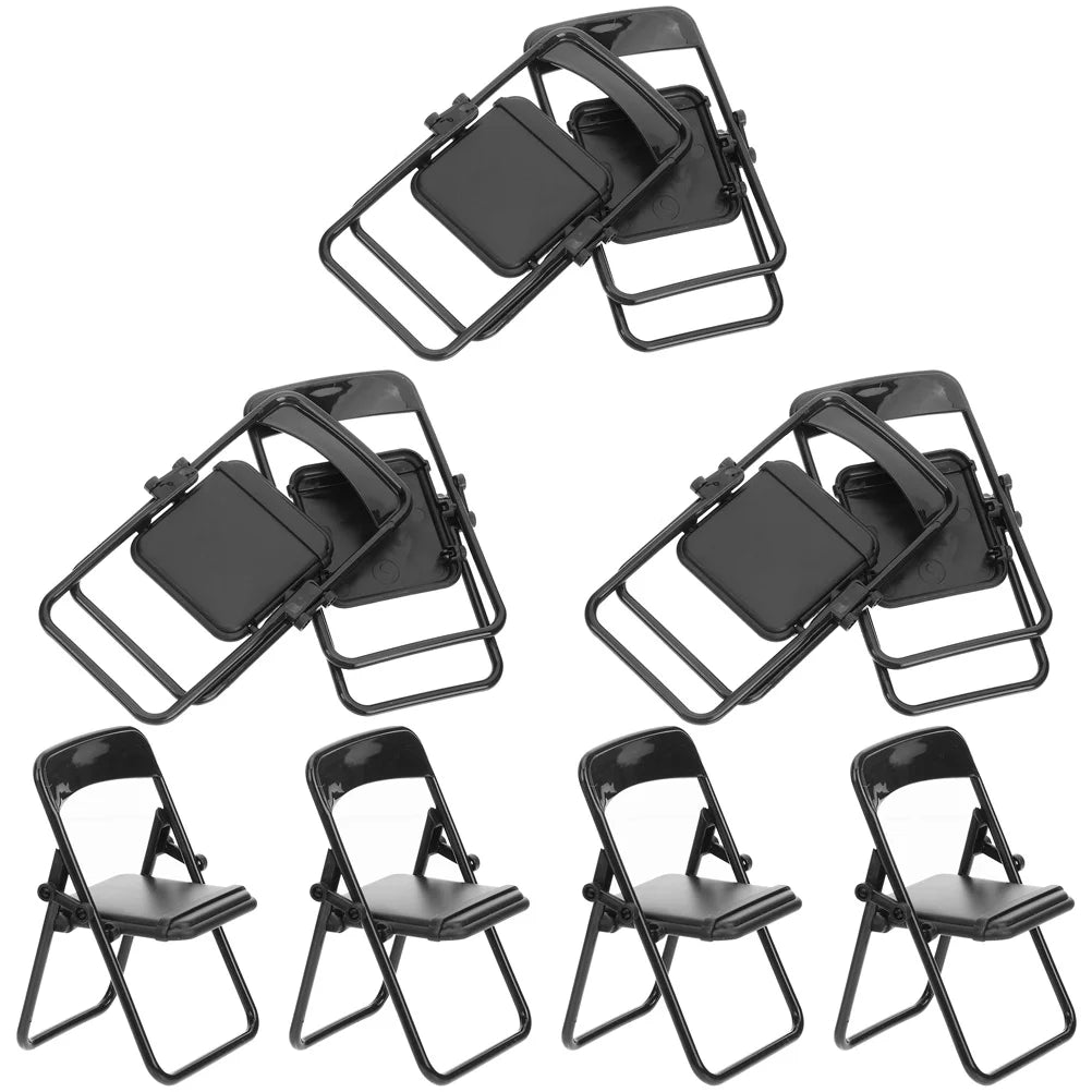 10Pcs Black Mini Folding Chair Phone Stand Miniature Furniture Educational Supplies Micro Decor Tiny Prop Cellphone Holder Mini