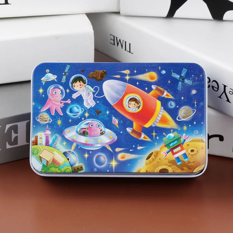 60pcs Jigsaw Cartoon Puzzle With Metal Box, Children's Early Education Animal Vehicle Puzzle, Parent-Child Interaction Game