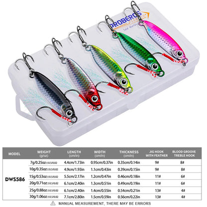 PROBEROS 5Pcs/lot Long Shot Luya Iron Plate Bionic Bait Set 7g/10g/15g/20g/25g/30g With Double Hooks Outdoor Fishing Wholesale
