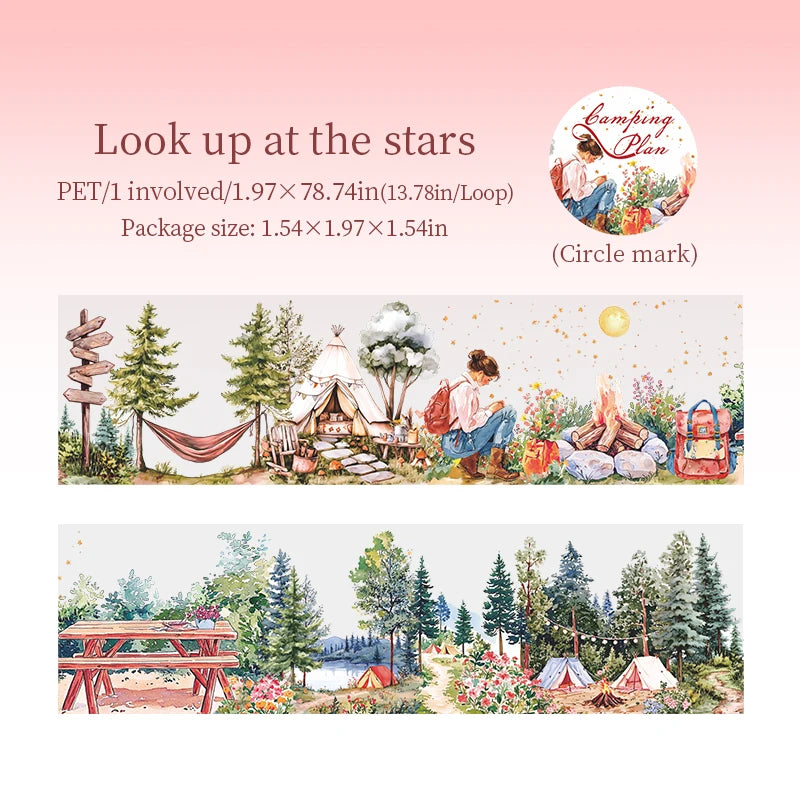 1 Roll Nature Camping Theme Scenic PET Tape for Scrapbooking DIY Collage Material Phone Case Notebook Decoration