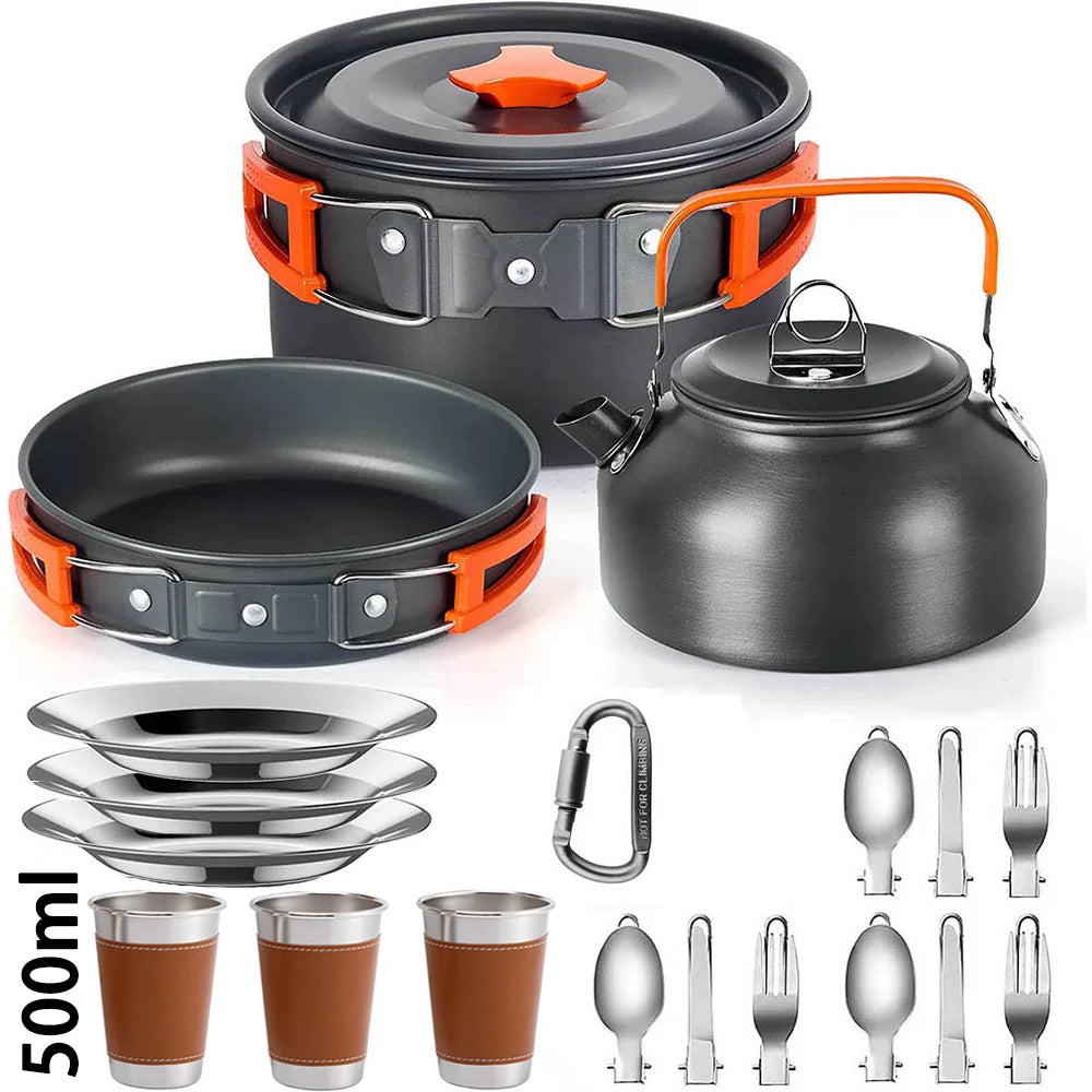 1Set Camping Cooking set Camping Cookware Travel Tableware Outdoor Picnic Set Teapot For 2-3 Peaple Non-stick pots assorted sets