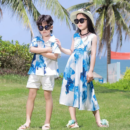 Holiday Resort Family Matching Blue Clothes Vacation Look Daughter Mom Dress Father and Son Beach Tops + Shorts 2 Piece Outfits