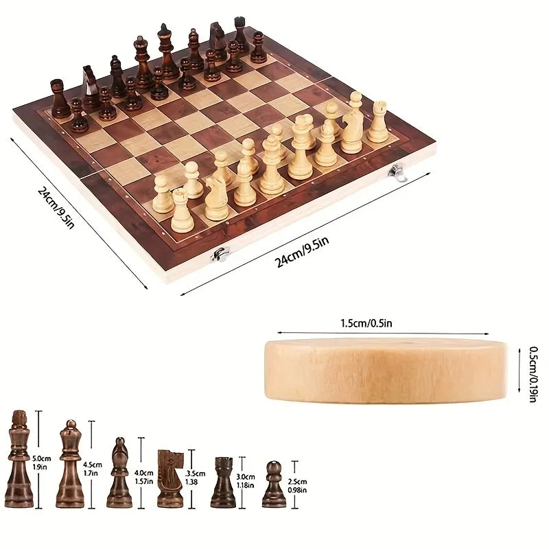 New 3 in 1 Portable Wooden Chess Set - Folding Travel International Chess, Checkers, Backgammon Board Game with Storage Case