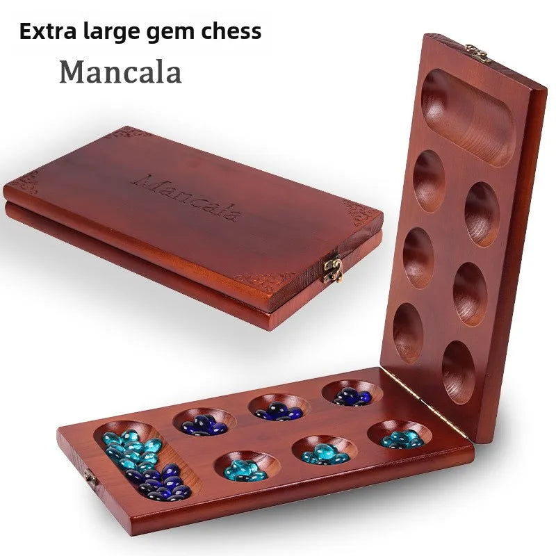 Ancient Mancala African Chess: The solid wood chess set is paired with exquisite stone granules and is an essential board games