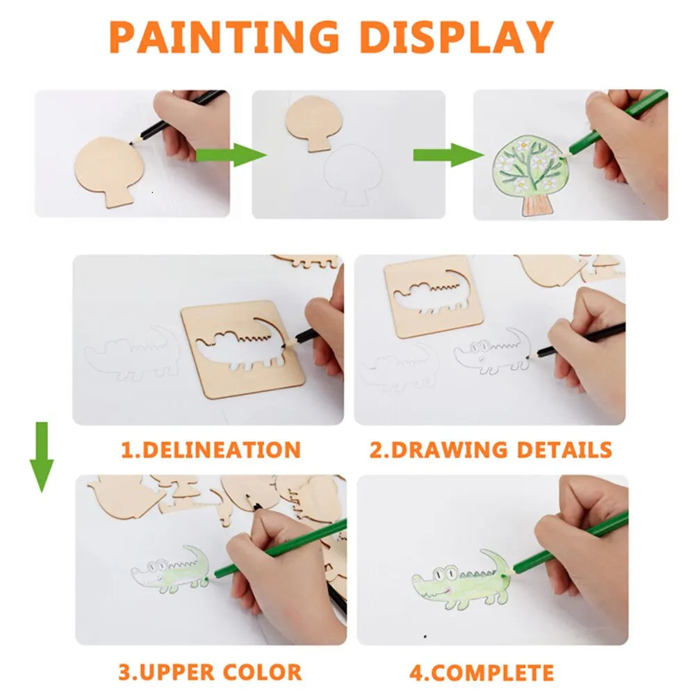 20pcs Montessori Kids Toys Drawing Toys Wooden DIY Painting Template Stencils Learning Educational Toys for Children Gift
