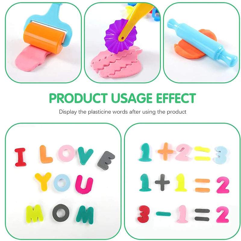 Puzzle Play Dough Tool Kit For Kids Number Letters Symbols Cutters Dough Rollers Clay Playdough Accessories Preschool DIY Toys