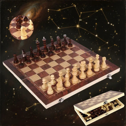 3in 1 Portable Travel Chess Checker Backgammon, Folding Storage Wooden Chess Set, International Checkers Board Game Kids Adults