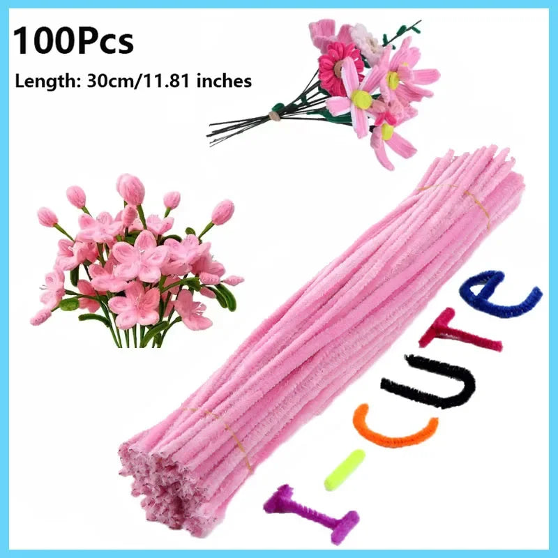 100pcs Colorful Chenille Stems Pipe Cleaners Plush Tinsel Stem Wired Twist Sticks Hair Strip Craft DIY Educational Toys Handmade