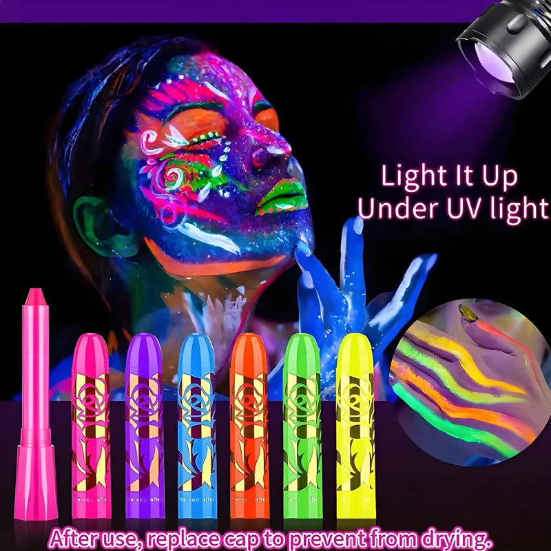 6 Colors UV Neon Crayons Kit Glow in the dark Body Face Paint Washable Water Soluble Face Painting Birthday Party Props
