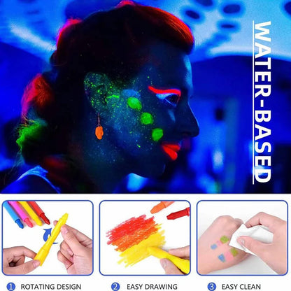 6 Colors UV Neon Crayons Kit Glow in the dark Body Face Paint Washable Water Soluble Face Painting Birthday Party Props