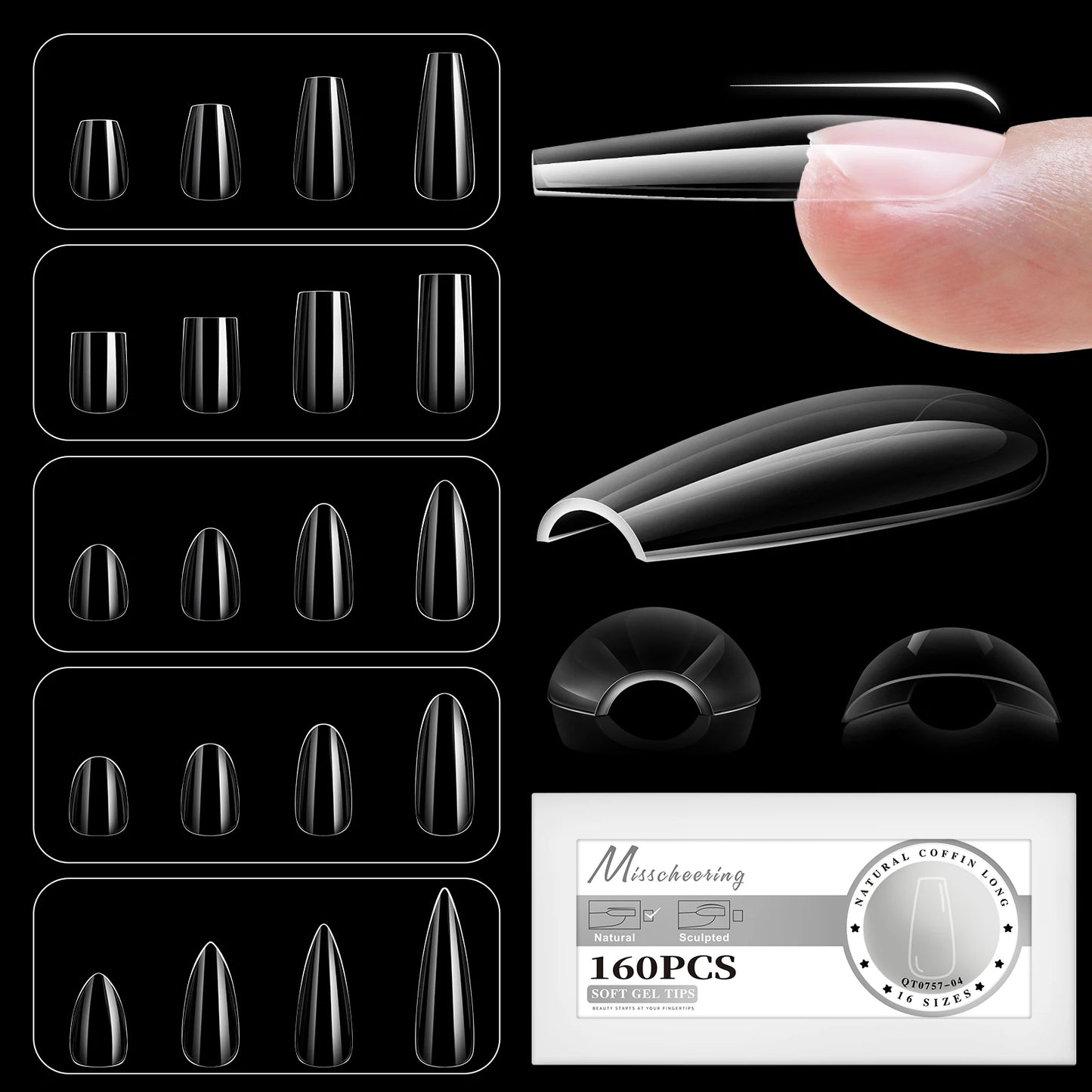XS-L Nature Soft Gel False Nail Tips Full Cover Press on Almond Capsules Coffin Artificial Glossy Fake Nails Extension 16 Sizes