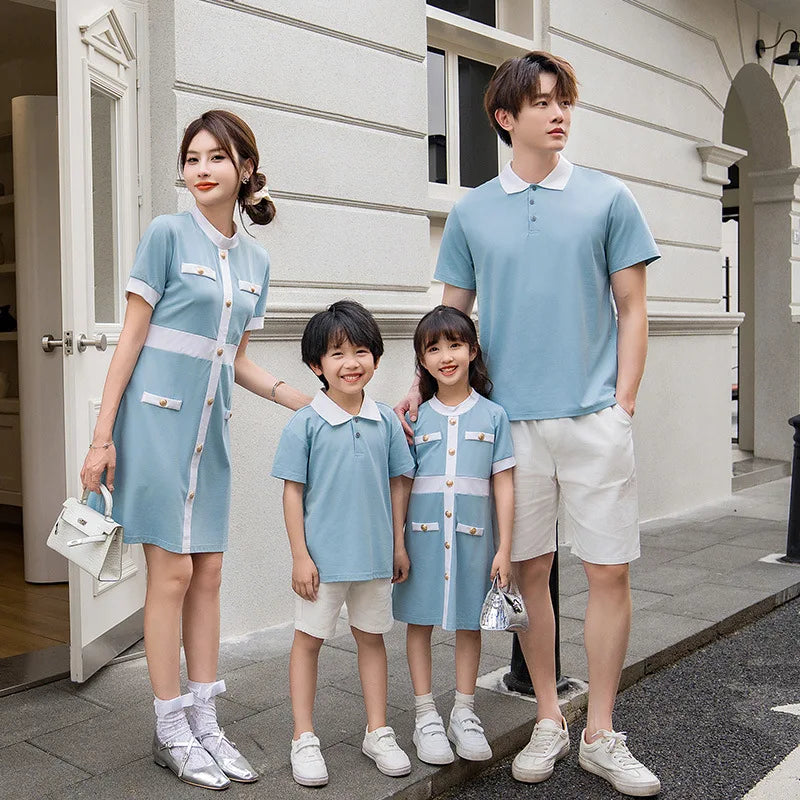 2025 Summer Family Bule Clothes Mother Daughter Matching Dress Father and Son Polo Shirts Shorts Outfits Brother Sister Clothing