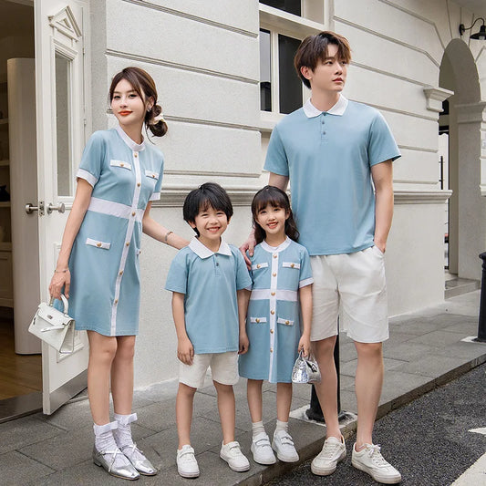 2025 Summer Family Bule Clothes Mother Daughter Matching Dress Father and Son Polo Shirts Shorts Outfits Brother Sister Clothing