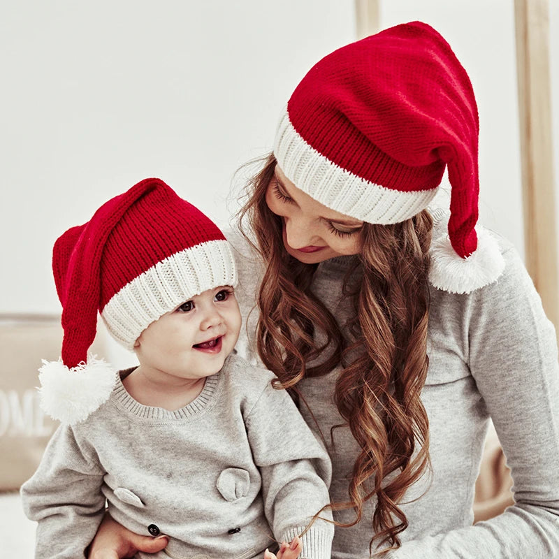 Santa Hats Family Matching Xmas Knit Hat Parent Child Pom Beanie Hat Winter Warmer Crochet Cap For Christmas Party Red White