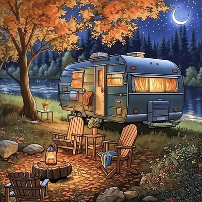 Huacan Diamond Painting Camping Car DIY Diamond Mosaic Moon Landscape New Arrival Kit  Flower Embroidery Decor Craft Kit