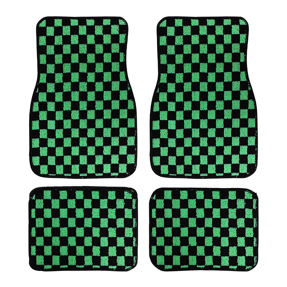 4Pcs JDM Racing  Plush Floor Mat Checkers Vehicle Front Rear Carpets Universal Car Floor Carpet Rugs Non-Slip Car Decoration