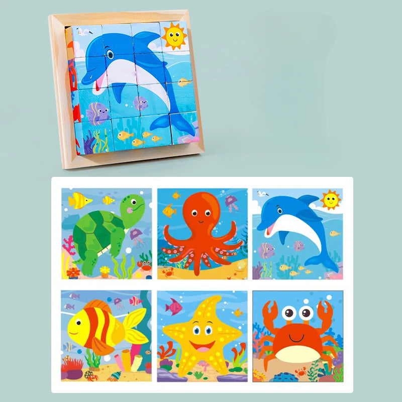 3D cube Wooden puzzle children's nine pieces six-sided wooden block tray children's Montessori learning educational puzzle toys