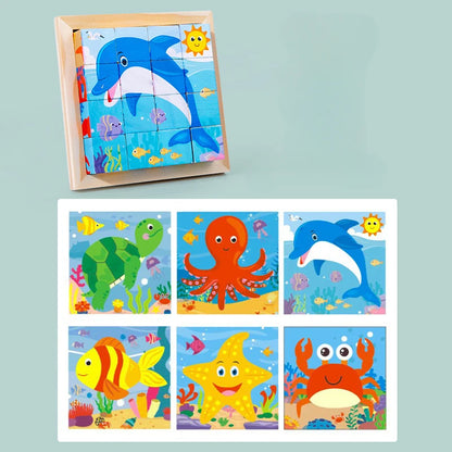 3D cube Wooden puzzle children's nine pieces six-sided wooden block tray children's Montessori learning educational puzzle toys