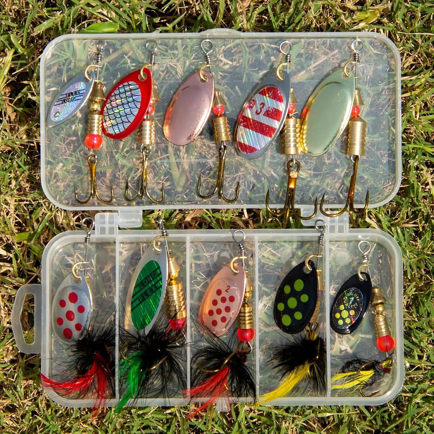 10pcs Fishing Lure Spinnerbait Rooster Tail Fishing Lures Bass Trout Salmon Hard Metal Spinner Baits Kit with Tackle Boxes